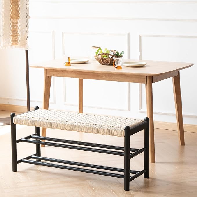 Solid Wood Entryway Bench with Shoe Storage, Rustic Oak Wood and Woven Design 39.4 Inch Long Seating for Living and Dining Rooms, 3-Tier Black