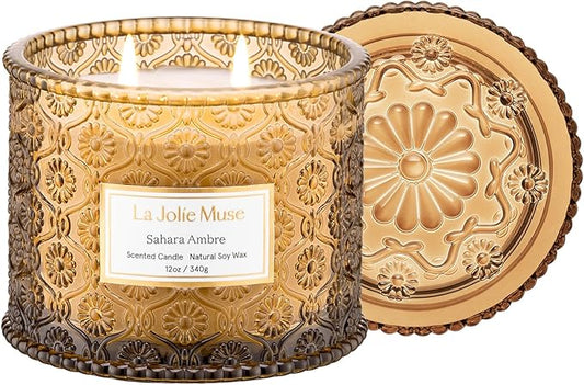 LA JOLIE MUSE Amber Candle, Scented Candles for Home, Large 2-Wick Soy Candles, Luxury Jar Candle Gifts for Women & Men, 60 Hours Long Burning, Sahara Ambre, 12oz