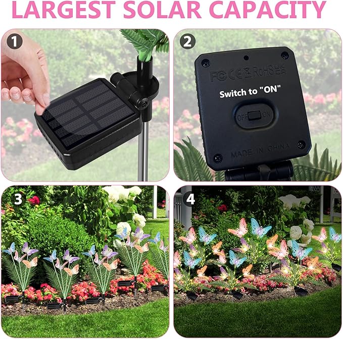 Solar Garden Lights 4 Pack Waterproof Decorative Solar Lights Outdoor with Glowing Stems,7-Color Changing Fiber Optic Butterfly Light for Outside Yard Lawn Garden Decor, Gifts for Women
