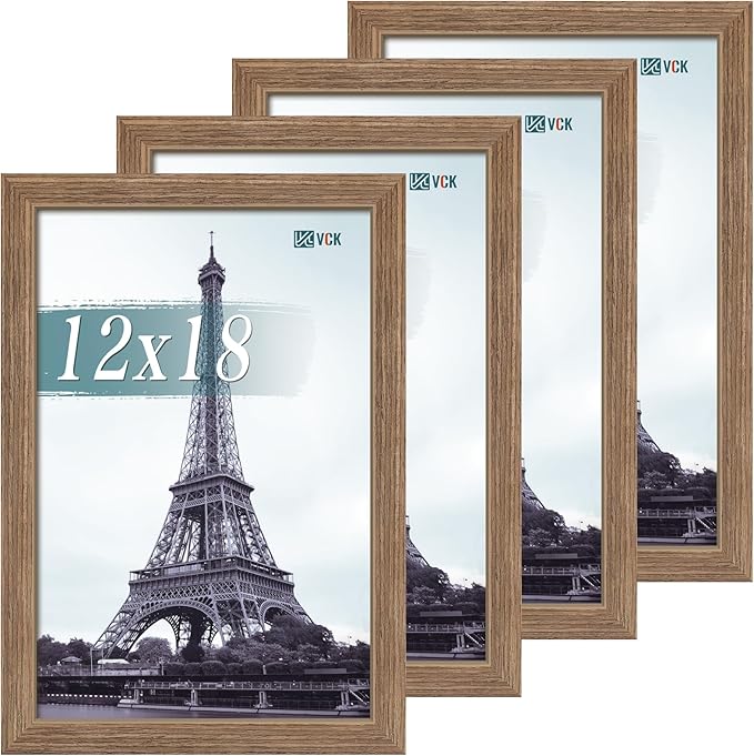 VCK 12x18 Poster Frame Set of 4 - Walnut, Gallery-Quality Wood Picture Frames, 1.1-Inch Wide Border, Polished Plexiglass, Vertical or Horizontal Wall Display for Photo/Art/Prints, Walnut