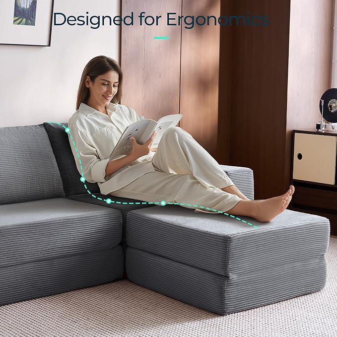 LINSY HOME Convertible Sofa Bed with 2 Pillows & Ottoman, L Shaped Modular Sectional Sleeper Sofa, Folding Sofas Corduroy Couch Bed Compression Sofa for Living Room Apartment, Grey