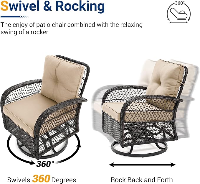 UDPATIO 3 Pieces Patio Furniture Set, Outdoor Swivel Rocker Patio Chairs Set of 2, All-Weather PE Wicker Glider Chairs with Thick Cushions and Glass Coffee Table,for Porch Deck Backyard Khaki