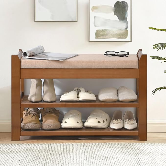 Shoe Rack Bench with Storage 27.6 in, Entryway Bench Shoe Storage with Cushion for Hallway, Bedroom, Living Room