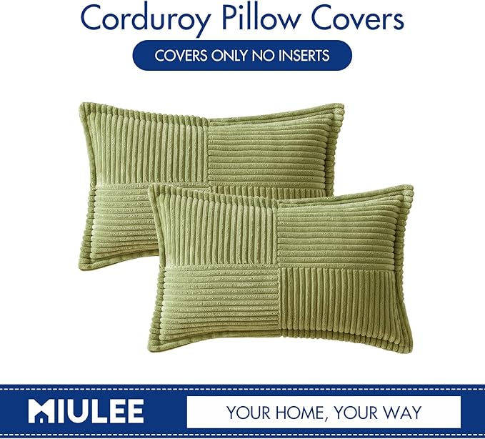 MIULEE Decorative Lumbar Throw Pillow Covers for Couch Bed Livingroom 12x20 Inch Set of 2 Green Boho Accent Throw Pllows Broadside Striped Patchwork Soft Corduroy Summer Pillowcases