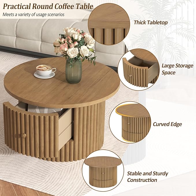WILLIAMSPACE 30.5" Round Coffee Table with a Drawer, Modern Farmhouse Wood Circle Drum Center Table with Vertical Slat Base, Accent Side End Table for Living Room Apartment, Natural
