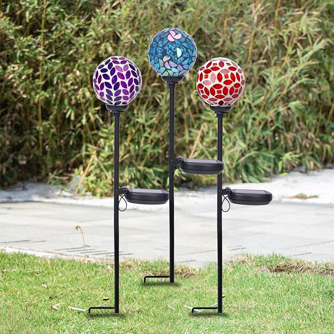 VCUTEKA Solar Garden Decorative Lights Outdoor, Mosaic Solar Light Waterproof LED Pathway Stake Light for Landscape Patio Yard Deck Walkway Decoration, 3 Pack (Blue&Purple&Red)