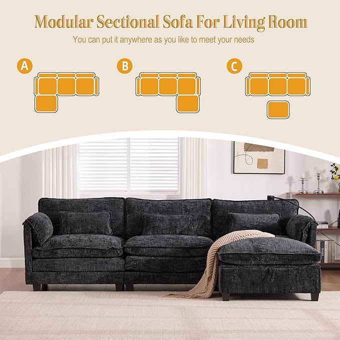 KEIKI 110" L-Shaped Boucle Modular Sectional Chenille Sofa with 1 Ottoman & Memory Foam Cushion & Phone Holder & USB, Upholstered Modern Oversized 4-Seater Couch, Easy Assembly, for Living Room, Black