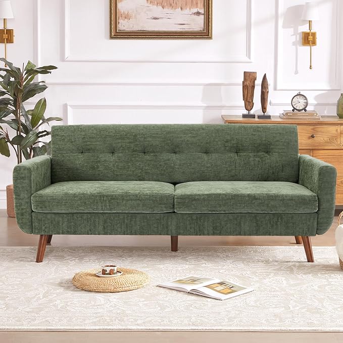 Tbfit 77.2" W Linen Sofa Couch, Mid Century Modern Decor Loveseat Couches for Living Room, Button Tufted Upholstered Small Couch for Bedroom, Solid, and Easy to Install Love Seats Furniture, Green