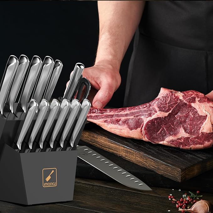 imarku 15 PCS Kitchen Knife Set with Diamond-Shaped Handles Premium German High-Carbon Stainless Steel Chef Knife Set Dishwasher-Safe Kitchen Knives with Block Father's Day Gifts