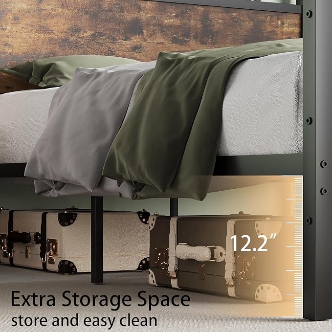 Twin Bed Frames, Bed Frame Twin Size with 51.2" Tall Industrial Headboard, Twin Size Patform Bed Frame with Solid Steel Slats Support, Noise Free, No Box Spring Needed, Easy Assembly, Rustic Brown
