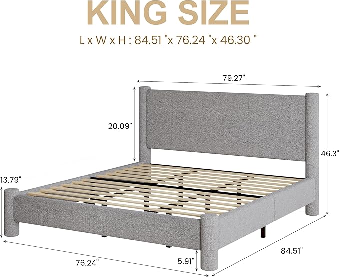 King Size Bed Frame, Boucle Upholstered Platform Bed with Headboard and Footboard, Soft Rounded Corners, No Box Spring Required, Easy Assembly, Light Grey
