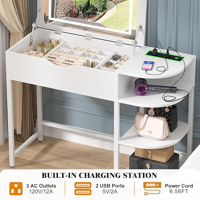 Cyclysio Vanity Desk with Flip Top Mirror and Lights, Makeup Vanity Desk with Drawers, Dressing Table with Storage Shelves & Charging Station, Small Vanity for Small Spaces, White