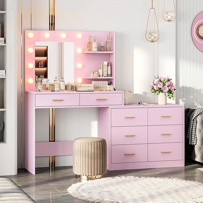 GarveeHome 61" Make up Vanity Desk with Mirror and Lights, Pink Vanity with 8 Wide Storage Drawers & 2 Tier Shelves, 3 Lighting Modes with Adjustable Brightness for Bedroom