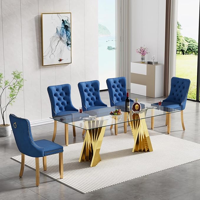 Goujxcy Modern 7 Piece Glass Dining Table Set Luxury Glass Kitchen Table and Chair Set for 6, 70" Large Rectangular Dining Room Table with 6 Tufted Chairs and Stainless Steel Legs (Gold & Blue)