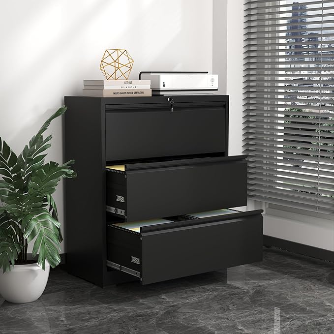 Metal Lateral File Cabinets with Lock,3 Drawer Filing Cabinets for Home Office,Storage Cabinets for Hanging Files Letter/Legal/F4/A4 (Black)
