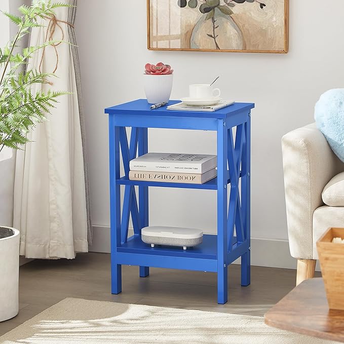 VECELO End Table Set of 2, Bedside Table, 24" Tall Living Room End Tables, X-Design Reinforced Nightstands, Side Table with 3-Tier Storage Shelves for Small Spaces, Office, Bedroom, Dark Blue