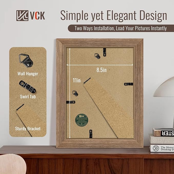 VCK 8.5x11 Picture Frame Set of 4 - Walnut, Gallery-Quality Wood Poster Frames, 1.1-Inch Wide Border, Polished Plexiglass, Vertical or Horizontal Wall & Tabletop Display for Photo/Art/Prints, Walnut