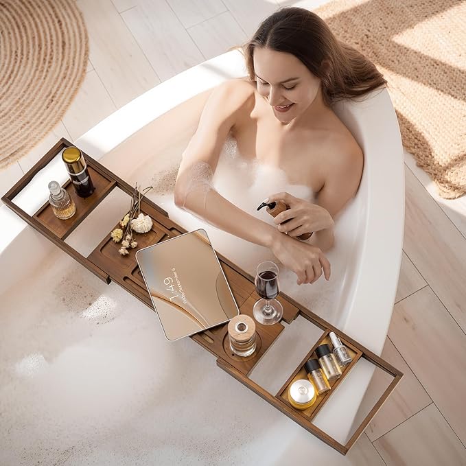Teak Bathtub Tray Expandable Bathroom Tray for Home Spa Relaxation, Wooden Tray Caddy for Bathtub, Teak Bathtub Caddy as Unique Housewarming, Birthday, Wedding Shower Gifts (Light Walnut)