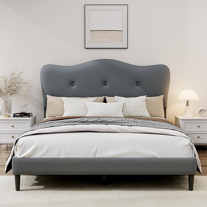 Full Size Bed Frame, Upholstered Bed Frame with Headboard, Platform Bed Frame with Wood Slats Support, No Box Spring Needed, Adjustable Height Headboard, Dark Grey