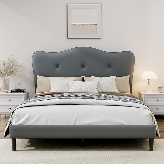 Full Size Bed Frame, Upholstered Bed Frame with Headboard, Platform Bed Frame with Wood Slats Support, No Box Spring Needed, Adjustable Height Headboard, Dark Grey