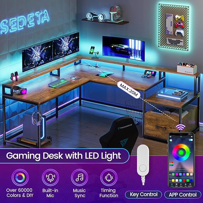 SEDETA L Shaped Office Desk, 66" Corner L Shaped Computer Desk with File Drawer & Power Outlet for Home Office, Gaming Table with Led Lights, Monitor Shelf, Printer Storage Shelves, Rustic Brown