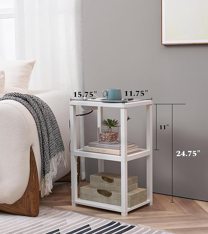 FENLO Nightstand with Charging Station, Small End Table with Charging, Side Table with Storage – Minimalist Nightstand for Bedroom or Small Spaces Flare