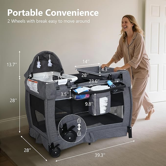 Kinder King 4 in 1 Foldable Pack n Play with Bassinet & Changing Table, Portable Nursery Center for Babies and Toddlers, Convertible Newborn Crib Baby Bed with Toys & Canopy, Storage Bag, Light Gray