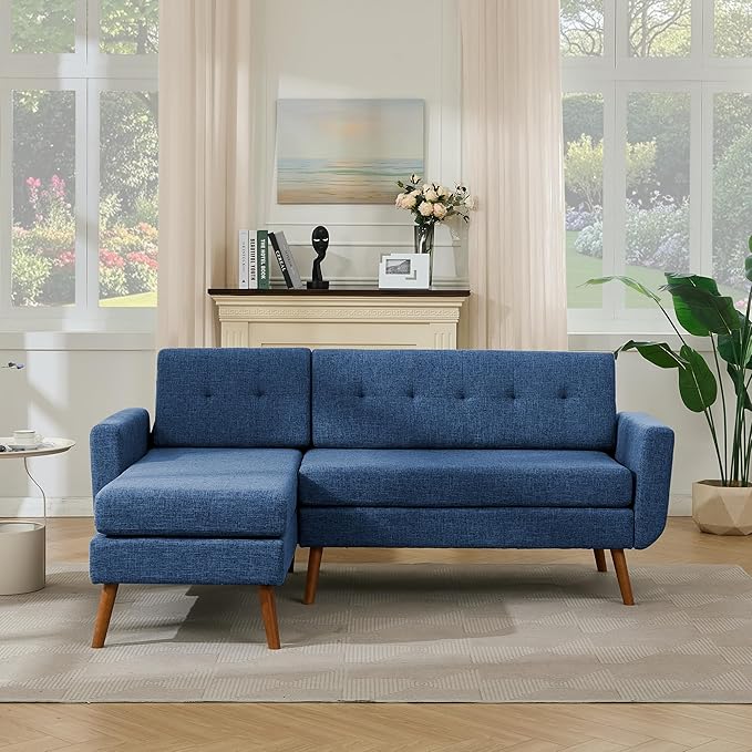 Tbfit L Shaped Couch Sofa, 80" W Mid-Century Modern Sectional Couches, 3 Seater Sofas with Wide Chaise Lounge & Two Pillows,Button Tufted Upholstered Sectional Sofa for Living Room, Bedroom, Blue