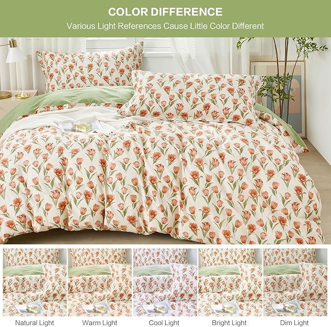 SAPHREAS Red Tulips Floral Duvet Cover Set Full Size 3pcs Green Leaves Soft Cozy Bedding Comforter Cover Set 100% Cotton 1 Duvet Cover 90"x80" 2 Pillow Shams, Comforter Not Included