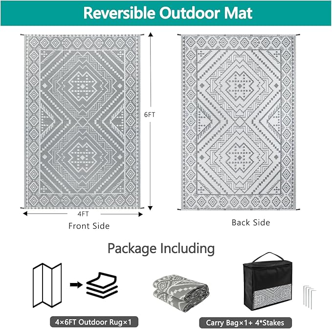 Waterproof Outdoor Rug 4x6 ft, Reversible Plastic Straw Mat, Large Floor Mat for Patio, Camping, Picnic, Backyard RV, Deck, Grey