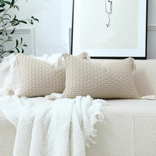sykting Boho Outdoor Lumbar Pillow Covers 12x20 Set of 2 Thick Woven Neutral Beige Throw Pillow Covers with Tassels for Couch Sofa Living Room
