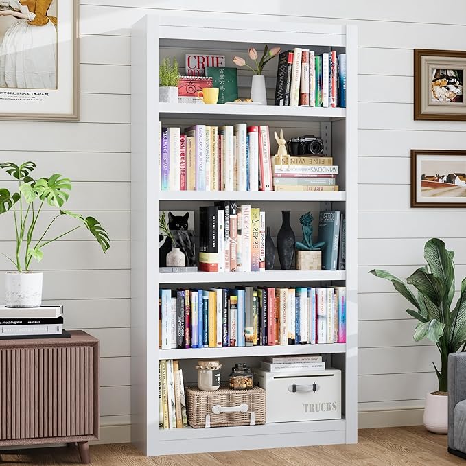 61" Metal Bookshelf and Bookcase | 5-Tier Adjustable Shelves, Deep Modern Storage Shelf for Living Room, Office, Bedroom (White)