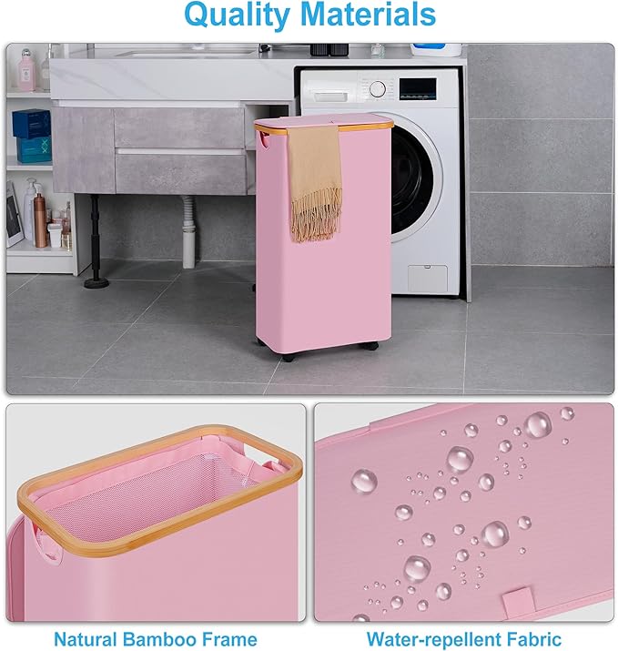 efluky Slim Laundry Basket with Wheels, Narrow Rolling Laundry Hamper with Lid and Removable Bag, Tall Aesthetic Dirty Clothes Hamper on Wheels for Laundry Room, Bedroom, Dorm and Bathroom, 75L Pink