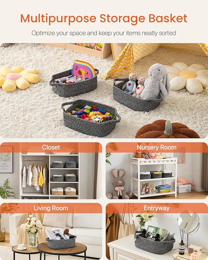 KALLAX Small Woven Basket, 12 x 8 x 4.5 Inches, Small Storage Baskets for Organizing, Gift Baskets Empty, Cute Rope Shelf Closet Storage Bins for Shelves, Dog Toy Basket, Mixed Black