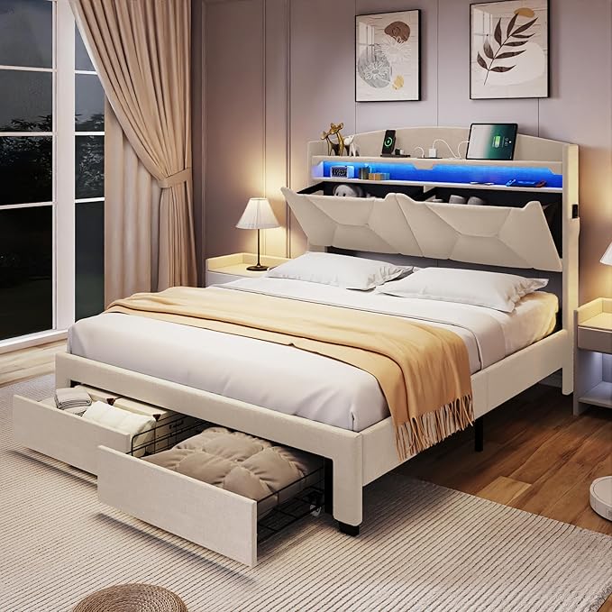 Full Size Bed Frame, Full Bed Frame with Storage Drawers, Upholstered Bed Full Size with Charging Station and LED Lights, Easy Assembly, Beige