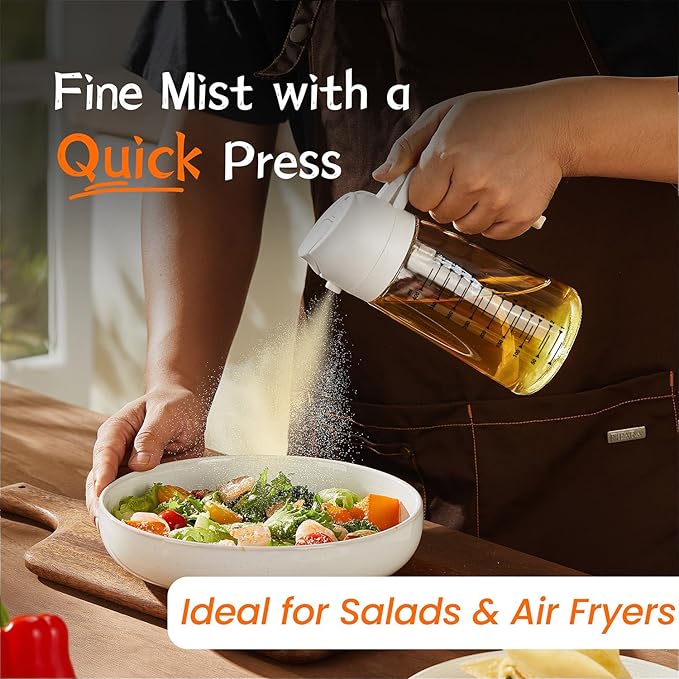 TrendPlain 16oz/470ml Glass Olive Oil Sprayer for Cooking – 2 in 1 Olive Oil Dispenser Bottle for Kitchen Gadgets and Air Fryer Accessories, Salad, BBQ - White