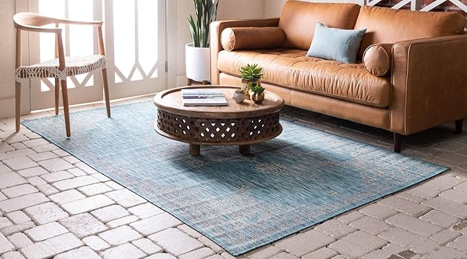 Unique Loom Outdoor Traditional Collection Area Rug - Antique (7' 1" x 10' Rectangle, Light Aqua/ Gray)