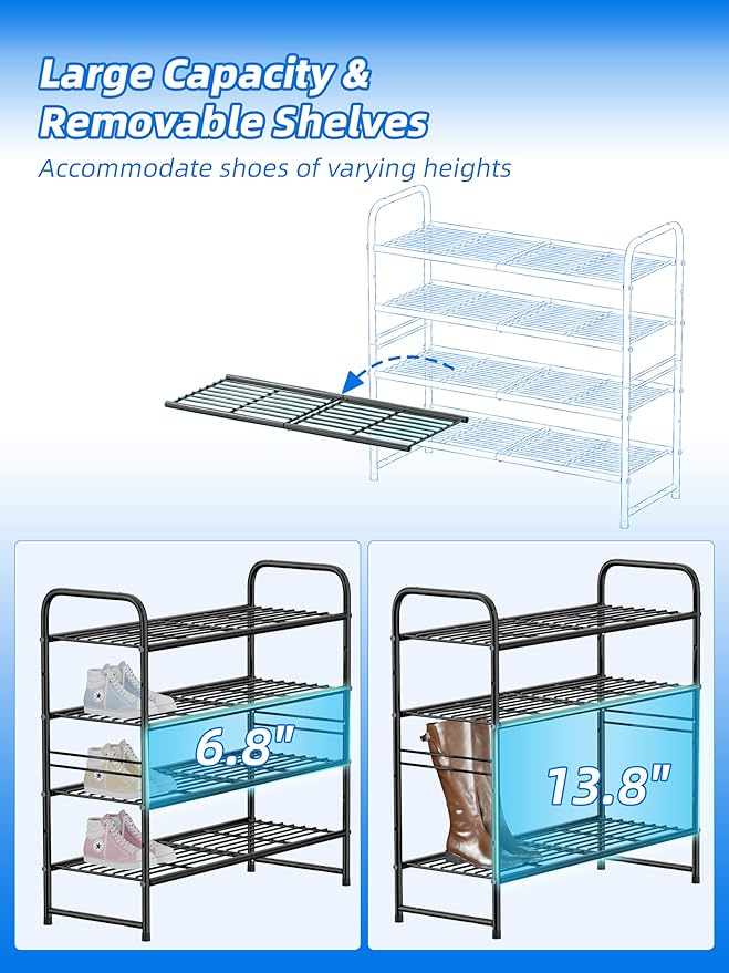 SUFAUY 33" Wide Shoe Rack, 4-Tier Shoe Storage Rack for 20-25 Pairs of Shoes, Shoe Organizer for Entryway, Stackable, Heavy Duty, Steel Frame, Industrial, Black