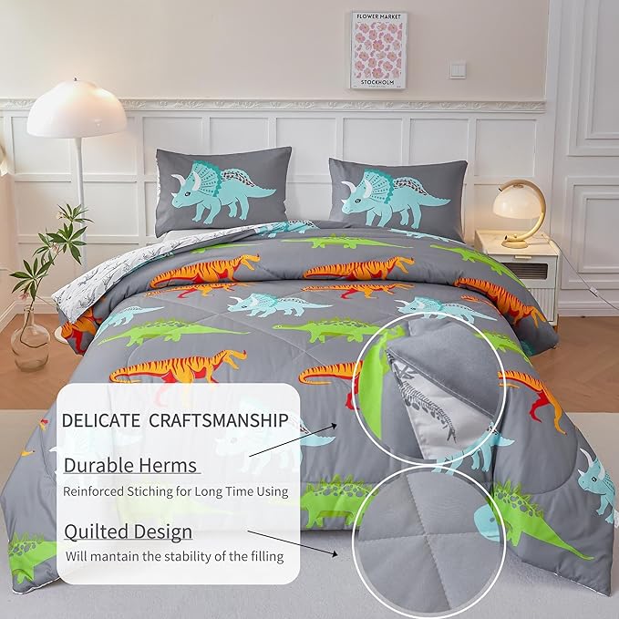 RYNGHIPY Dinosaur Kids Comforter Set Cartoon Dinosaur Bedding Sets for Boys 3 Pieces Twin Microfiber Comforter with Pillowcases Soft Lightweight (Dark Grey,Twin)