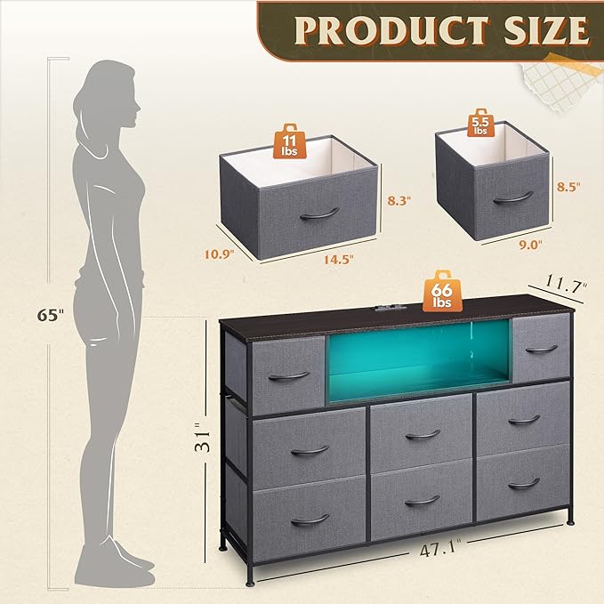 WLIVE Grey TV Stand for 45, 50, 55 inch TV, Entertainment Center with LED Lights & Charging Station, TV Media Console Table with 8 Fabric Drawers and Open Storage Shelves for Living Room, Hallway