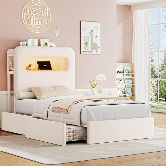 HOSTACK Twin LED Bed Frame with Storage Headboard and Charging Station, Kids Bed Frame with 2 Drawers and USB Ports, Velvet Upholstered Platform Bed Frame with Bookcase, No Box Spring Needed, Cream