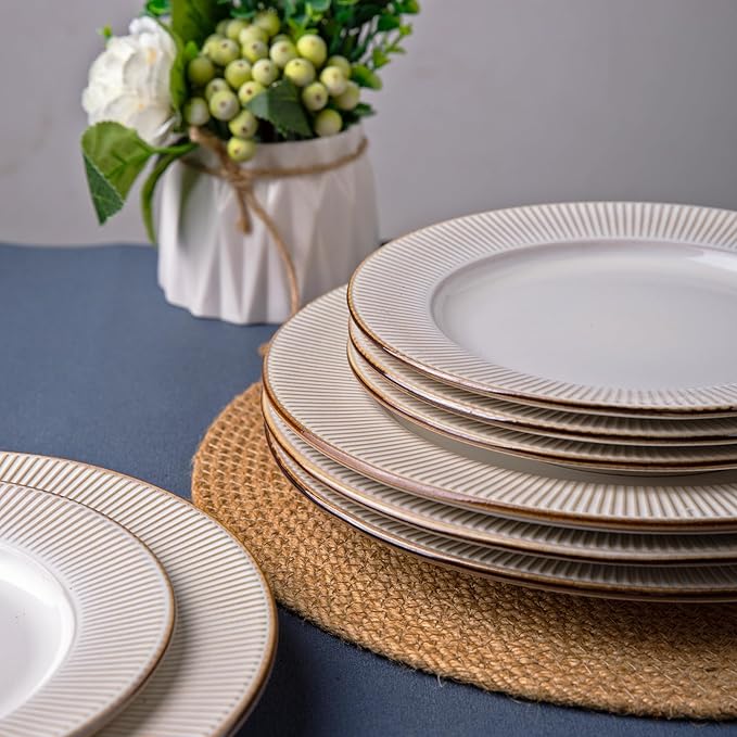 GBHOME Ceramic Dinnerware Sets, 24 pcs Embossed Elegant Stoneware Plates and Bowls Sets, Housewarming Wedding Gift | Dishwasher & Microwave Safe | Dishes Set Service for 8