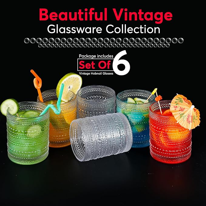 Hobnail Drinking Glasses, Vintage Glassware Set of 6, Vintage Drinking Glasses 11.8 oz, Bubble Glasses Drinking, Hobnail Glasses, Vintage Glass Cups, Jupiter Glasses for Juice, Soda, Beer, Whisky