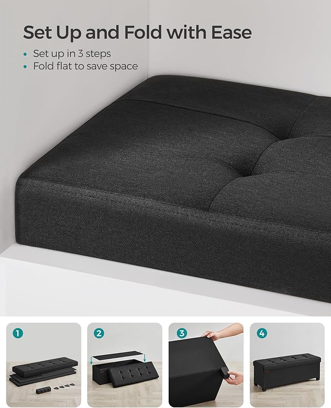 SONGMICS Storage Ottoman Bench, Foldable Foot Rest with Legs, 15 x 43 x 15.7 Inches, End of Bed Bench, Storage Chest, Load up to 660 lb, for Living Room, Bedroom, Entryway, Ink Black ULSF018B01