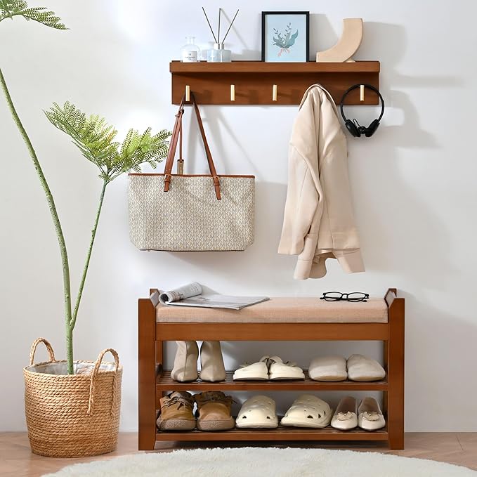 Shoe Rack for Front Door Entrance, 28” Entryway Bench with Coat Rack, Hall Tree Shoe Bench with Storage for Entry, Hallway, Bedroom, Living Room