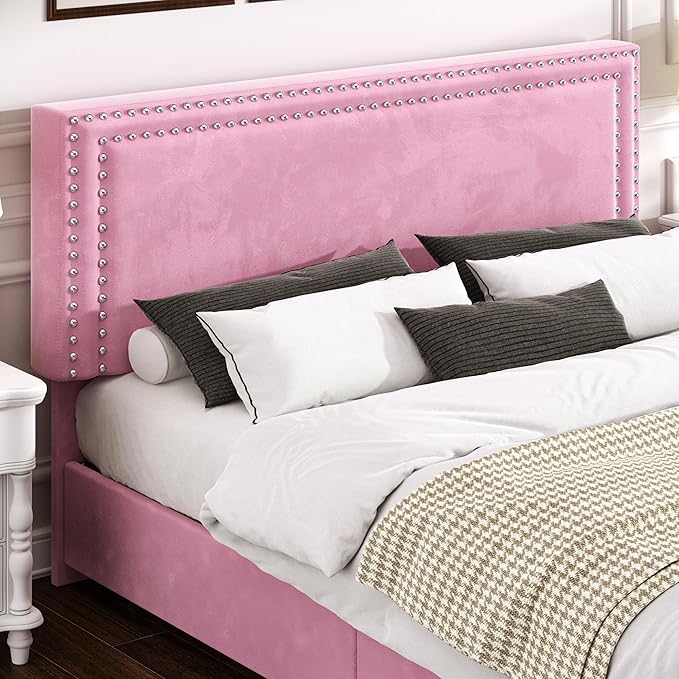 VECELO Full Size Upholstered Platform Bed Frame with 4 Storage Drawers, Adjustable Velvet Rivet Decor Headboard, Wooden Slats Support, No Box Spring Needed, Easy Assembly
