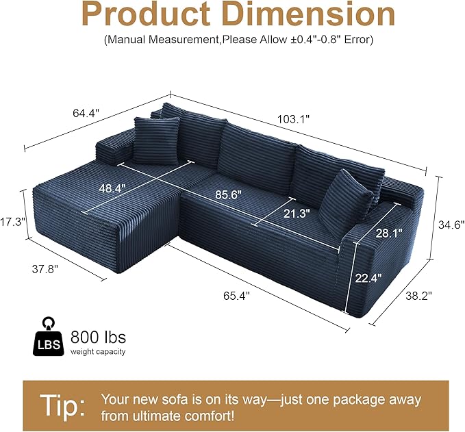 105''Sectional Cloud Couch with L Shaped Chaise,Modern Modular Sectional Sofa,Comfy Sectional Couches for Living Room,Bedroom,Apartment (Blue, Left Facing Chaise)