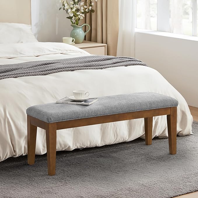 HUIMO Upholstered Entryway Bench, Bedroom Bench with Solid Wooden Legs, End of Bed Bench with Padded Seat for Living Room, Bedroom, Corners, Kitchen (Grey)