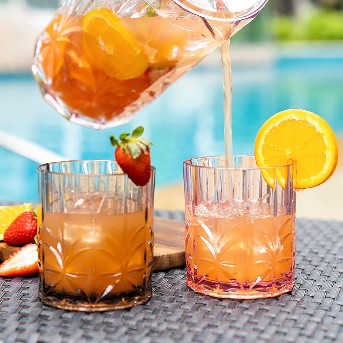 BELLAFORTE Shatterproof Tritan Plastic Short Tumbler, Set of 4, 13oz - Myrtle Beach Unbreakable Crystal Cut Old Fashioned Drinking Glasses for Whiskey - BPA Free - Dishwasher Safe - Grey