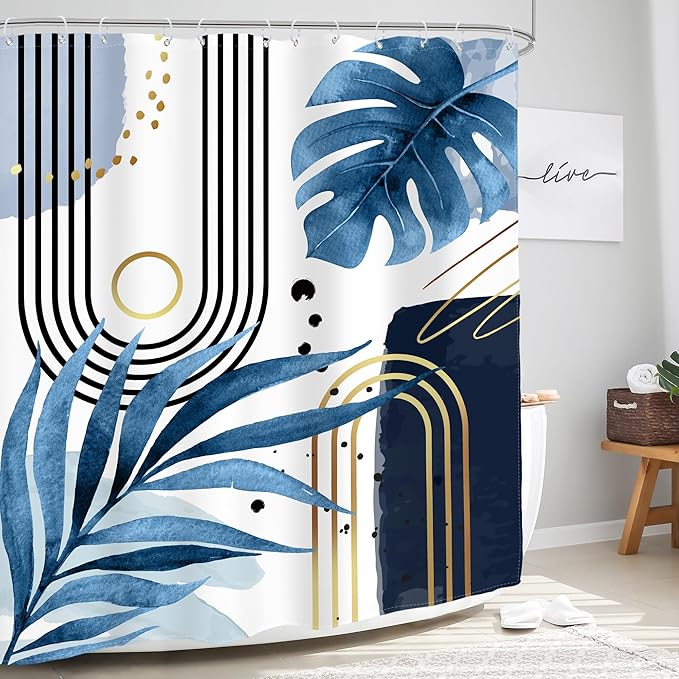 Glawry Blue Gold Boho Mid Century Shower Curtain Abstract Tropical Plant Minimalist Modern Geometric Palm Leaf Arch Bathroom Simple 60Wx72L Inches Bath Accessories Art Home Decor Fabric 12 Pack Hooks
